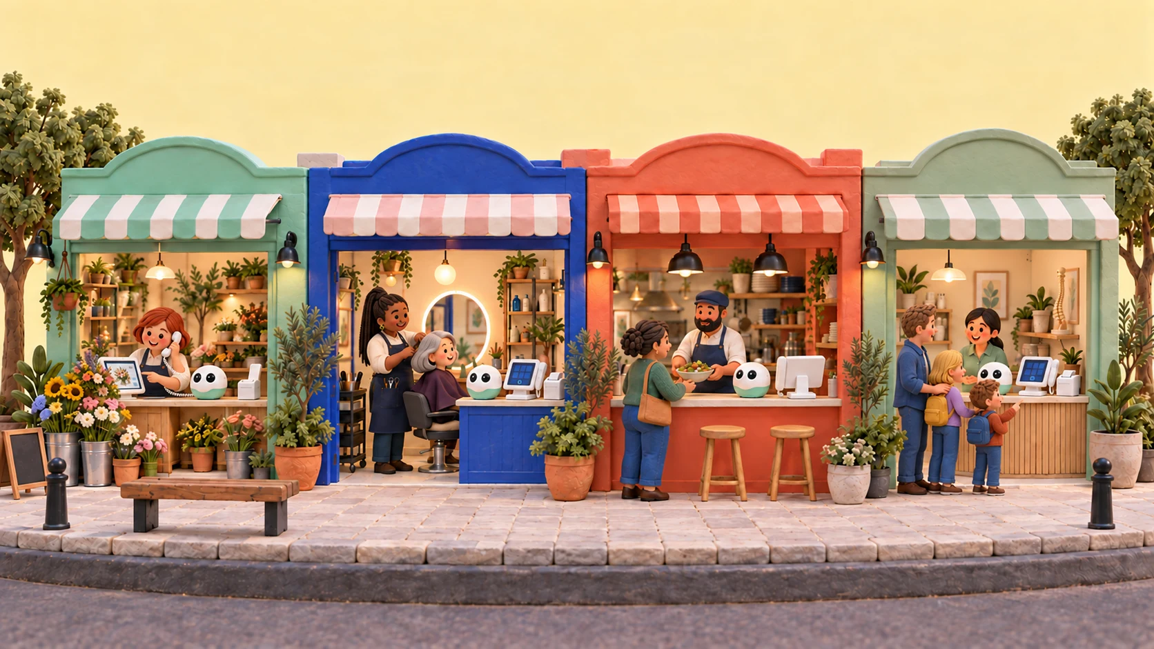 A miniature clay street with a florist, hairdresser, restaurant and allied health practice