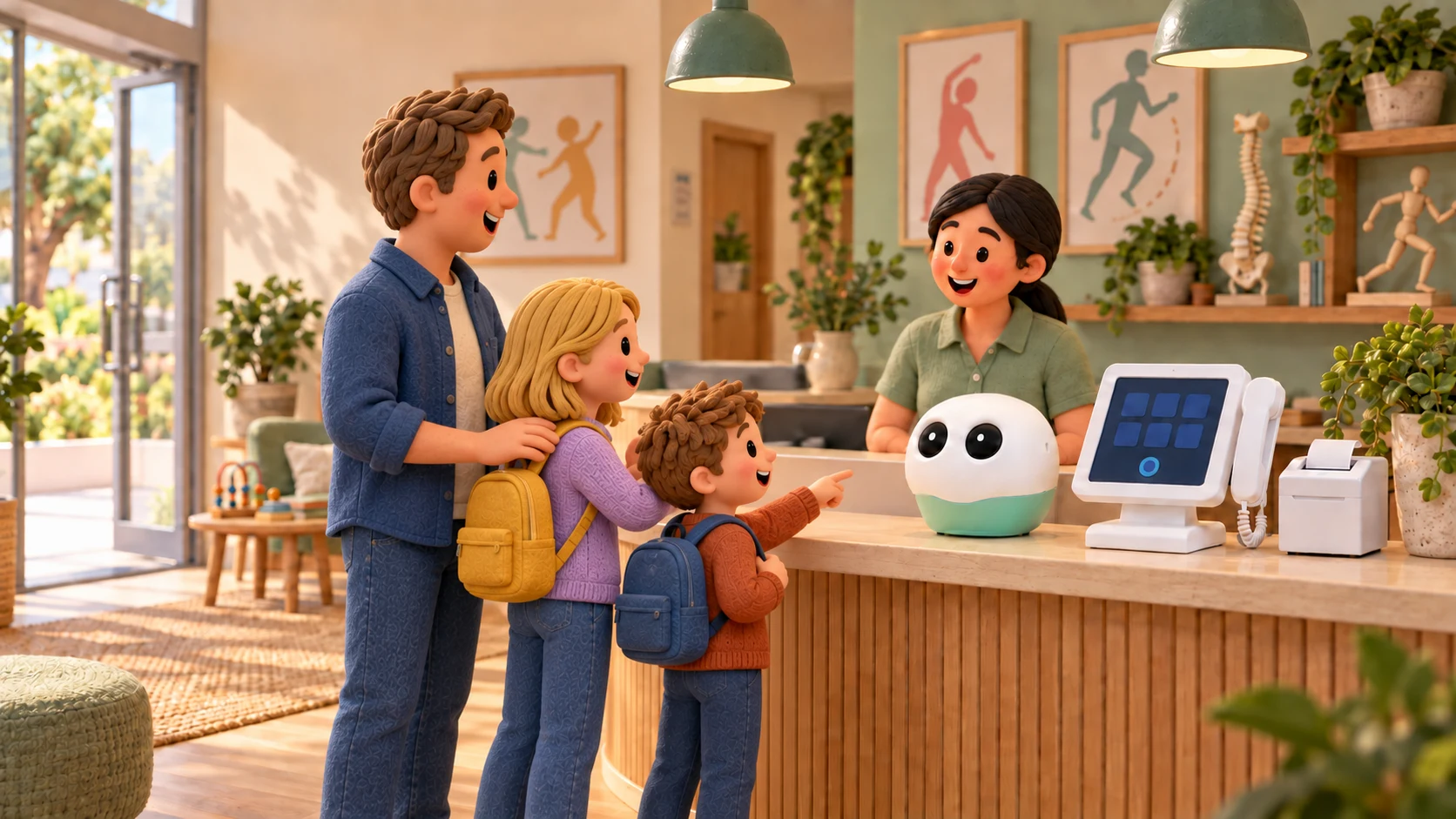 A dad and his two children arrive at an allied health reception and meet the white two-eye Maven robot beside the consistent touchscreen and right-side handset